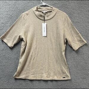 Calvin Klein Sweater Womens Extra Large Beige Half Sleeve Ribbed Crew Neck